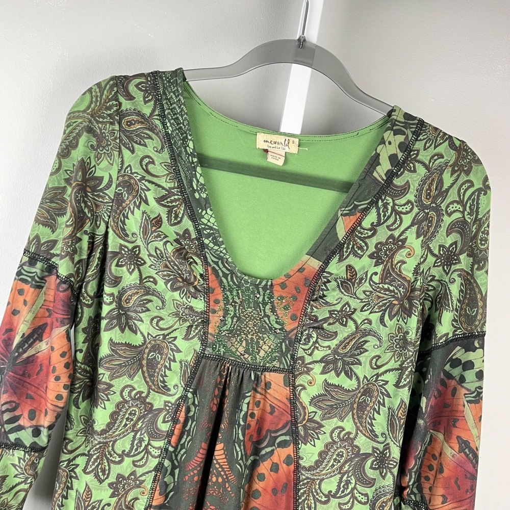 One World Top Womens S Green Butterfly Paisley Floral Vintage Y2K Fairycore
